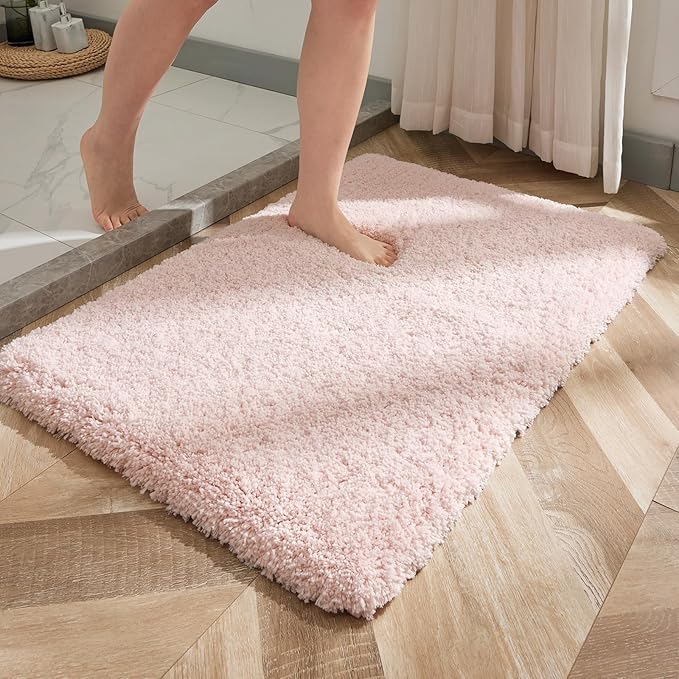 Bathroom Rug 20x32 Non Slip Fluffy Pink Bath Mat for Bathroom Floor Washable Plush Luxury Bath Rug for Tub Soft Shaggy Absorbent Shower Sink Mat
