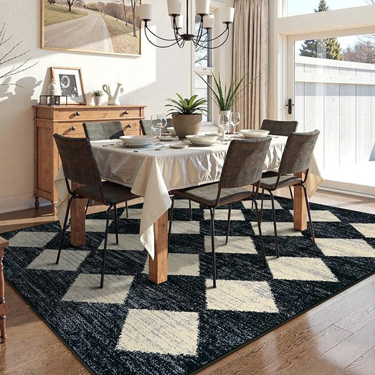 Lahome Checkered Washable 8 x 10 Area Rugs for Living Room, Black Bedroom Rug 8x10 Under Bed, Geometric Trellis Soft Ultra-Thin Indoor Carpet for Dining Room Dorm Kids Playroom (8'x10',Black)