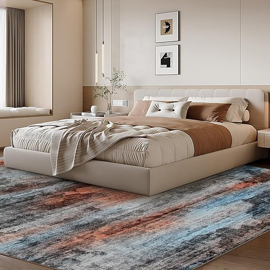 WILLSUN Washable Area Rugs, 8x10 Non-Slip Boho Large Area Rugs for Living Room, Bedroom, Machine Washable Vintage Rug, Indoor Floral Print Carpet for Home Decor, Kid & Pet Friendly Mat
