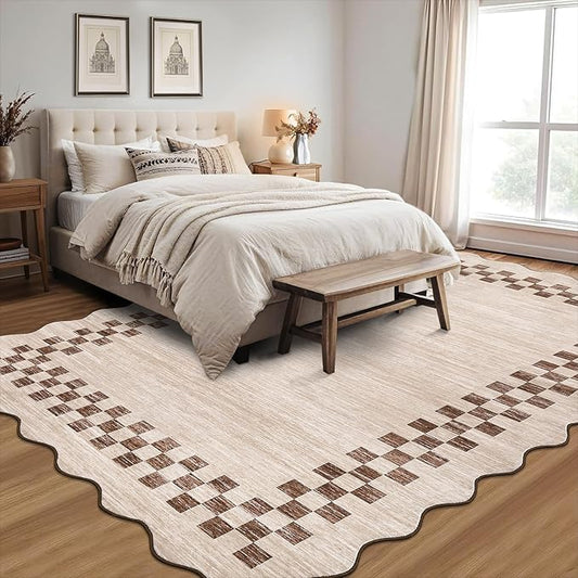 GarveeHome Scalloped Washable Rug 9x12 Area Rug for Living Room Modern Border Large Bedroom Throw Carpet with Rubber Backing Stain Resistant Boho Rug for Dining Room Home Decor Office, Beige