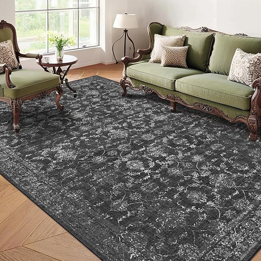 Washable Area Rug 6x9 Black Rugs for Living Room, Vintage Boho Large Rug for Bedroom Dining Room Office, Distressed Floral Print Carpet for Under Table, Soft Non Slip Low Pile Throw Carpet Indoor Mat