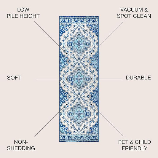 JONATHAN Y Boho Vintage Cream/Blue Runner Rug, 2x10, Bohemian Flair Medallion, Floral Easy-Cleaning High Traffic for Living Room, Bedroom, Kitchen, Pet-Friendly, Non Shedding (BMF106A-210)