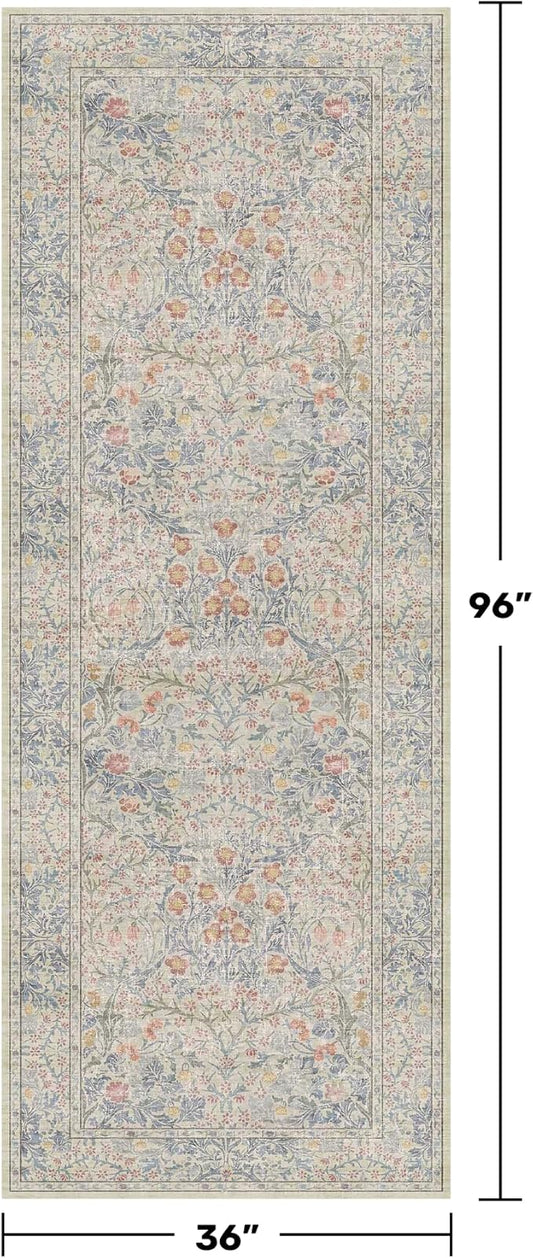 Floral 3x8 Wide Hallway Runner - Beige Blue with Lilic Accent, Boho Forest Decor, Washable Low Pile Non Slip Stain Resistant Rug for Long Kitchen, Large Bathroom, Hall Way