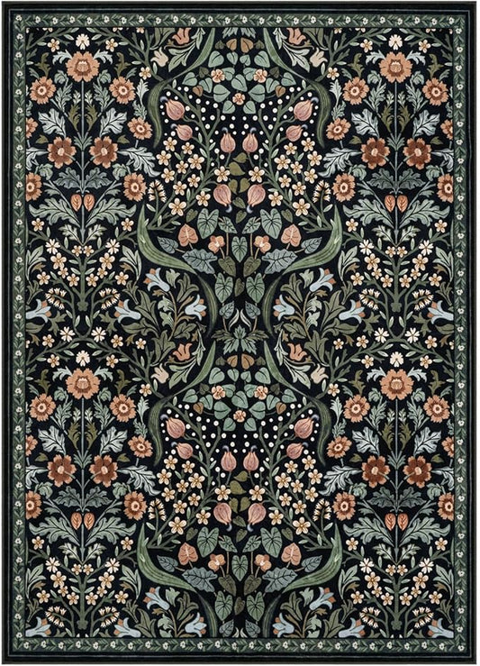 Lahome Floral 5x7 Rug for Living Room, Soft Washable Area Rugs for Bedroom, Botanical Thin Stain-Resistant Black Boho Carpet for Dining Room, Guestroom, Nursery Indoor