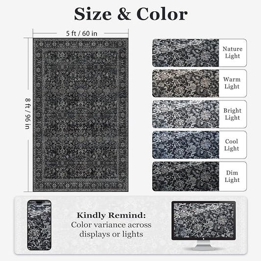 Washable Charcoal 5x8 Area Rugs, Vintage Earth Tone Dark Muted Black and Grey Carpet for Living Room Bedroom, Low Pile Thin Rug with Non Slip Rubber Backing for Dining Room Home Office