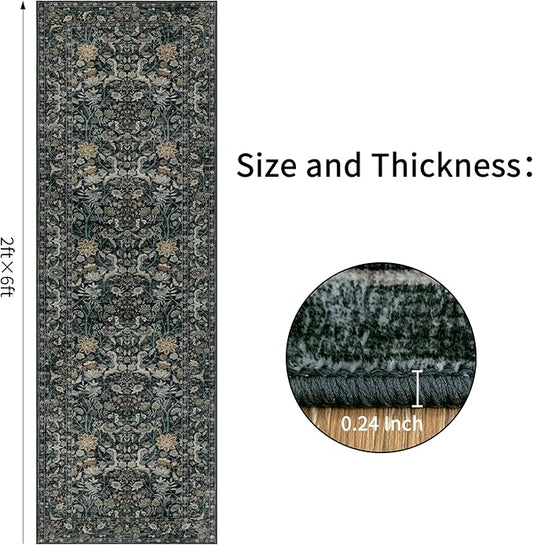 Washable Runner Rug 2x6: Vintage Boho Floral Carpet Runners for Hallway Entryway Non-Slip - Soft Botanical Low Pile Thin Mat for Kitchen Bathroom Bedroom Laundry Floor Decor - Dark Green