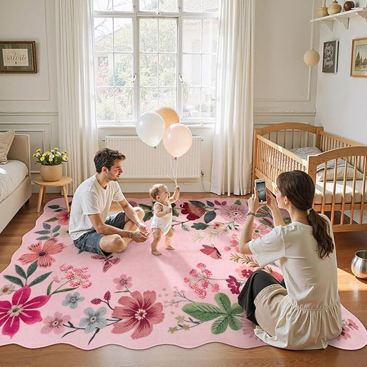 Lahome Floral Living Room Rugs, Pink Area Rugs 5x7 Rug for Bedroom Ultra-Thin Soft Rug, Non-Slip Washable Rugs Stain Resistant Throw Boho Rug for Nursery Playroom Classroom (5x7ft, Pink)