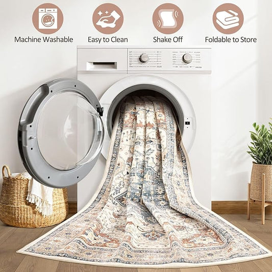 10x12 Area Rug Living Room: Washable Boho Large Neutral Vintage Soft Rugs Stain Resistant Distressed Farmhouse Non-Slip Indoor Floor Carpet for Bedroom Nursery Kids Office Dining Room- Beige Blue