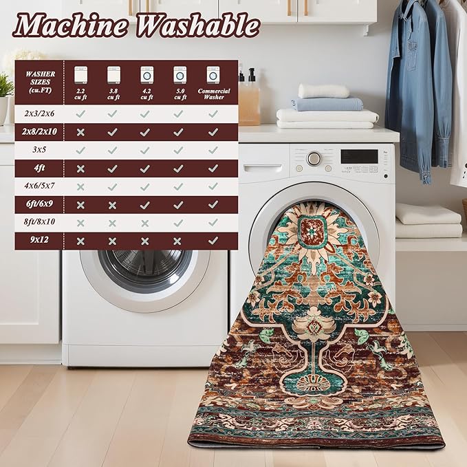 U'Artlines Christmas Boho Vintage Area Rug 5x7 Machine Washable Low Pile Ultra-Thin Soft Floor Carpet Non Slip Non Shedding Accent Rug for Living Room Bedroom Entryway Dining Room Office(Rust&Teal)