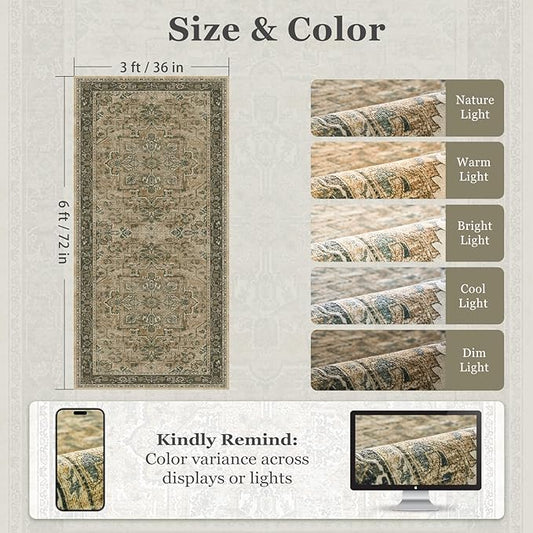 Vintage 3x6 Runner Rug Non Slip, Washable Thin Kitchen Runner, Distressed Medallion Carpet Runners for Hallway 6ft Indoor Entryway/Bedroom/Foyer/Laundry Room/Bathroom, Multi Brown/Olive