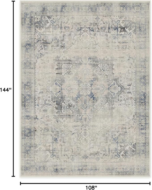 RUGGABLE Washable Vintage Area Rug – Kamran Blue Quartz 9x12, Stain-Resistant, Non-Slip – Large Machine Washable Rugs for Living Room, Bedroom, Hallway, Entryway & Office–with Cushioned Pad