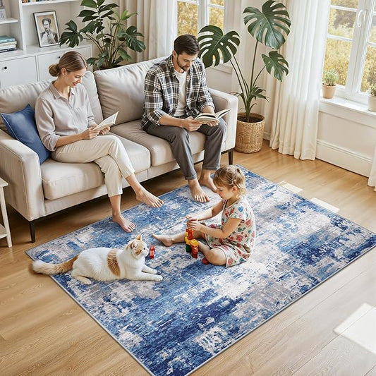 Washable Area Rugs 4'x6' Non-Slip Modern Abstract Soft for Living Room Entryway Bedroom Nursery, Print Pattern, Blue Grey Navy Gray