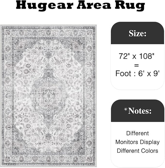 HUGEAR Area Rug 6x9 Vintage Grey Machine Washable Living Room Rugs Thin Neutral Floral Vacuumable Low Pile Carpet Bedroom Office Dining Room Laundry Room Non Slip Soft Lightweight