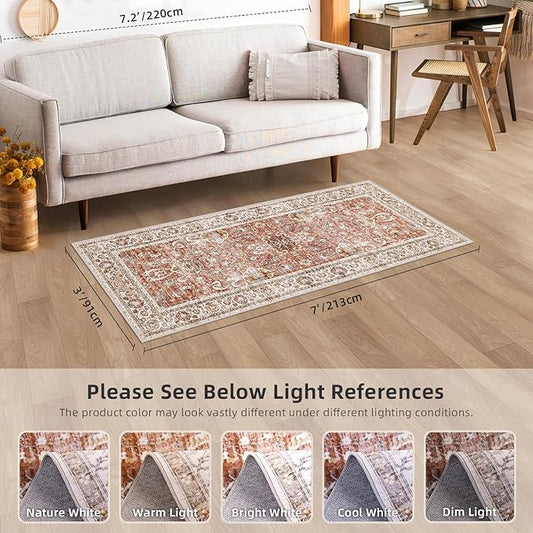 Deerly Vintage Runner Rug 3x7 Runner Rugs for Hallway Non-Slip Kitchen Runner Rug with Rubber Backing Washable Rug Runner for Bedroom Distressed Brick Red