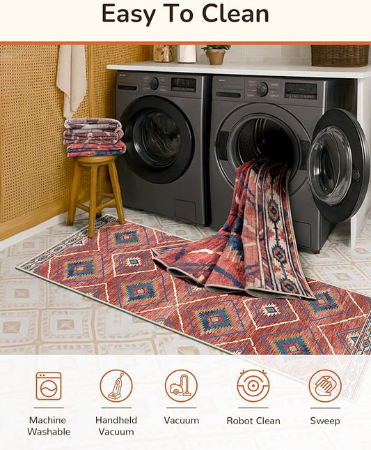 Area Rug 2x8 Rug Machine Washable Non-Slip Low Pile Print Pattern Western Rug for Living Room Bedroom Entryway Tribal Series -Red/Orange