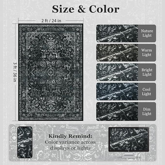 Distressed Black Kitchen 2x3 Rugs Non Slip Washable, Vintage Medallion Pinted Dark Door Mat Indoor Entrance Entryway, Small Low Pile Rugs for Bathroom Vanity/Laundry Room/Bedroom
