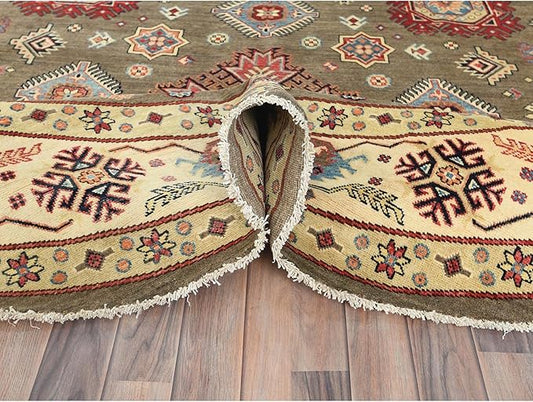 Taupe Brown Special Kazak with All Over Pattern Natural Dyes Organic Wool Hand Knotted Round Oriental Rug (9'x9')