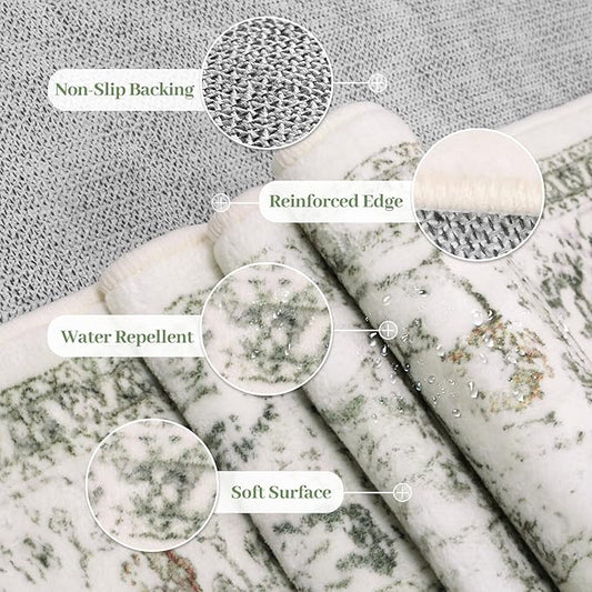 LIVEBOX Washable 9x12 Area Rugs, Large Rugs for Living Room Boho Soft Non-Slip Rug, Low-Pile Vintage Medallion Rug, Retro Indoor Carpet for Dining Room Bedroom Office Sage Green