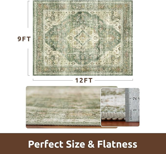 AMOAMI Vintage Soft Green Area Rug - 9x12, Non-Slip, Washable for Living Room, Bedroom, Dining Room, Office