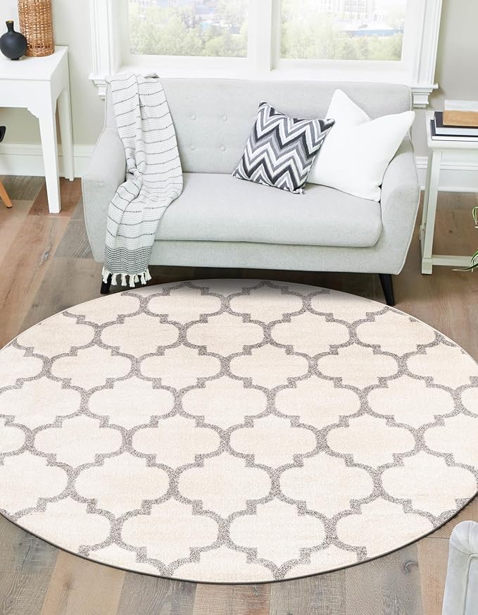 Rugs.com Lattice Collection Rug – 3 Ft Round Beige and Gray Medium-Pile Rug Perfect for Kitchens, Dining Rooms