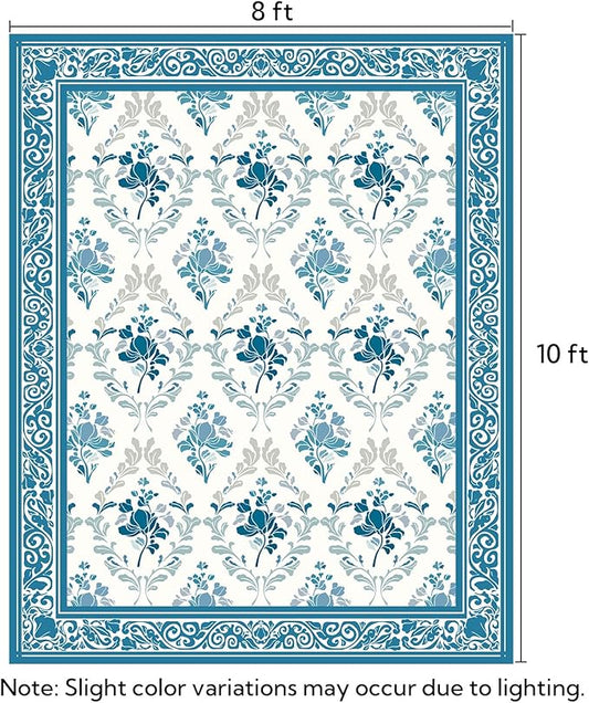 SOULFUL Medium Pile 8x10 Rugs for Living Room - Soft Underfoot Large Area Rug - Blue Boho Floral - Washable Non-Slip - Perfect for Bedroom Kids Room Under Dining Table Office