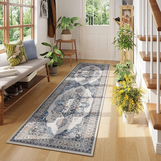 Rugcomf Vintage Medallion Kitchen Runner 2'x6' - Machine Washable Rug, Non-Slip Low Pile Boho Carpet for Hallways, Laundry, Bedroom, Bathroom - Blue