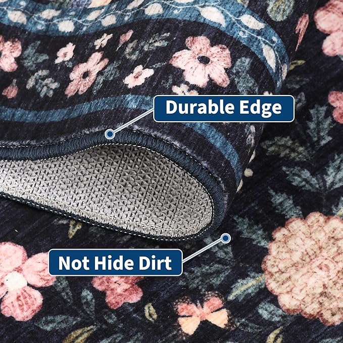 Washable Runner Rug 2.5 x 8 Non-Slip Non-Shedding Soft Vintage Bedside Low Pile Farmhouse Floral Carpet, Indoor Foldable Printed Entryway Rug for Hallway Kitchen, Dark Grey Blue