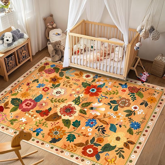 Floral 6x9 Area Rug Machine Washable Soft Print Boho Carpet Non Slip Doormat Low Pile Flower Area Rugs for Living Room Bedroom Nursery Kitchen Dining Room Indoor-Yellow/Orange