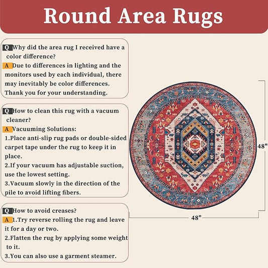 SERISSA 4ft Round Area Rug, Washable Non-Slip Boho Circle Rug, Ultra Soft Oriental Vintage Rust Low-Pile Small Circular Carpet for Bedroom Entryway Kids Room Office College Dorm Living Room