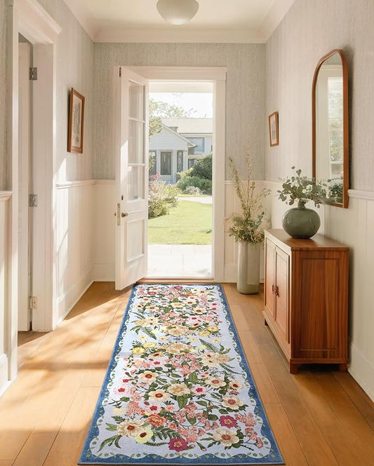 Floral Runner Rug 2x6 - Washable Vintage Kitchen Rug Low Pile Non-Slip Carpet for Entryway Hallway, Laundry, Bedroom - Soft, Stain Resistant Indoor Area Rug - Blue
