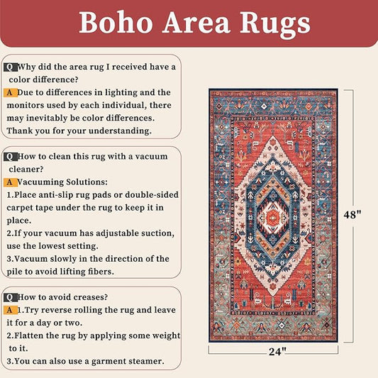 SERISSA 2x4 Boho Rugs for Entryway, Washable Non-Slip Kitchen Runner Rug, Ultra Soft Small Area Rug Vintage Rust Low-Pile Door Mat Indoor Entrance Carpet for Bedroom Hallway Laundry Room Bathroom