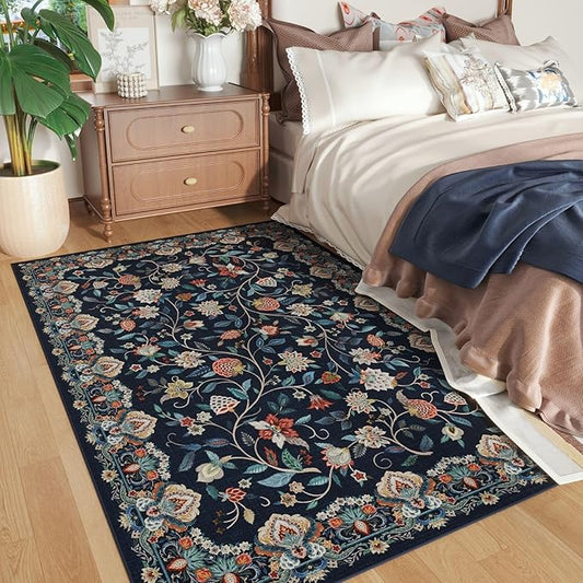 Rugcomf Vintage Paisley Rugs for Bedroom 4'x6' - Machine Washable Area Rug, Non-Slip Low Pile Floral Carpet for Girl/Boys Room, Living Room, Kids, Entry - Blue