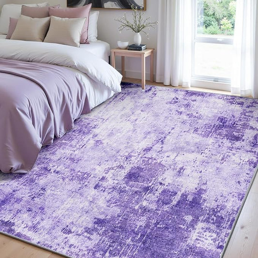 Washable Area Rugs 7'x9' Non-Slip Modern Abstract Soft for Living Room Entryway Bedroom Nursery, Print Pattern, Purple Gray Pink White