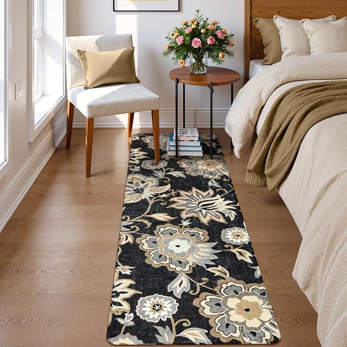 Lahome Floral Washable Runner Rug - 2x6 Runners for Hallways Non-Slip Low-Pile Kitchen Rug, Black Paisley Print Carpet for Laundry Bedroom Entryway ((2’X 6’, Blacak)