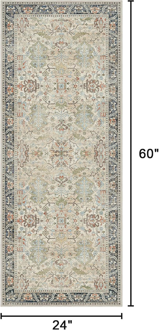 Bavni Runner Rug Non Slip for Bathroom Kitchen Hallway 2x5 Washable Runner Boho Bedsied Rugs Floor Runner for Entryway Laundry, Soft Low Pile Rugf, Ivory/Teal