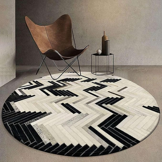Round Cowhide Faux Leather Area Rug 7×7 ft – Black & White Modern Chevron Pattern Low Pile Carpet with Non-Slip Wool Backing, Soft Durable Living Room & Bedroom Accent Rug