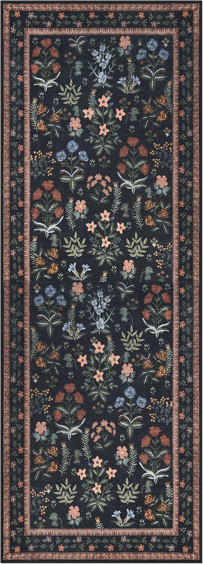 Boho Floral Machine Washable Runner Rug 2x6, Black Navy Kitchen Runner Rug Non-Slip, Super Thin Hallway Rug Runner Printed Faux Wool Soft Carpet for Entryway Bedroom Laundry Room Indoor