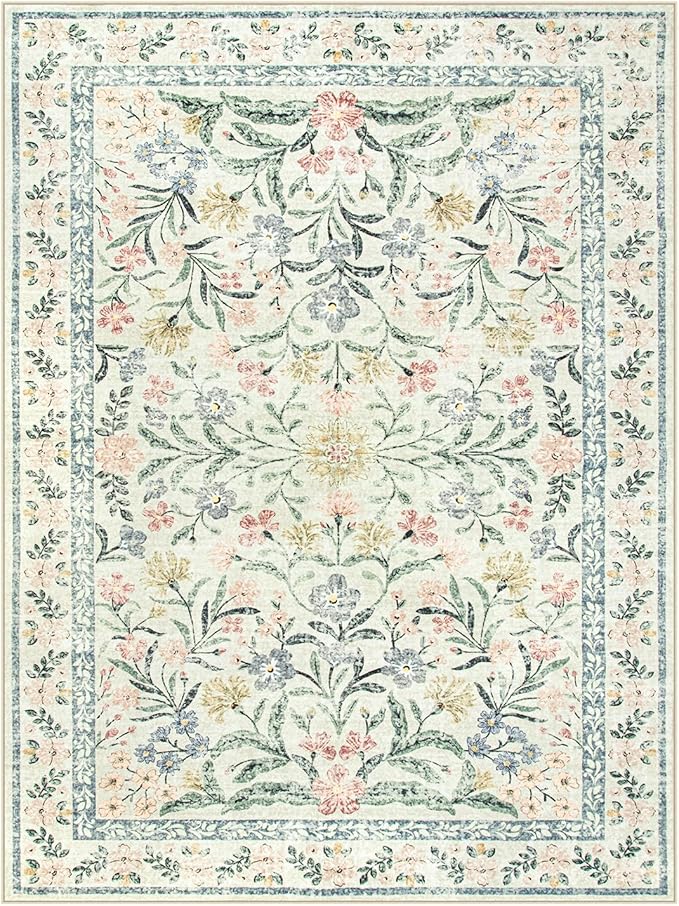 Morebes Washable Area Rugs 9x12 Living Room, Boho Large Cream Rugs for Farmhouse Non Slip, Soft Ultra-Thin Distressed Floral Carpet for Bedroom Nursery Girls Home Office Decor