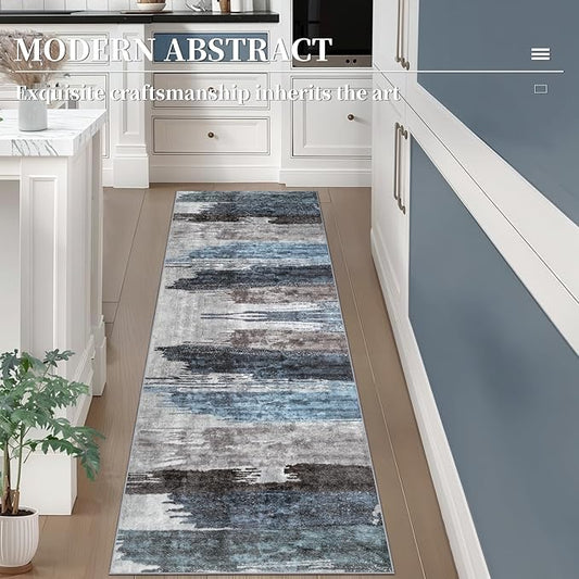 Ciicool 3x8 Washable Runner Rug, Modern Abstract Hallway Rugs Runner, Non-Slip Thin Accent Rug Lightweight Navy Grey Print Distressed Carpet for Kitchen Laundry Entryway Bedroom Indoor