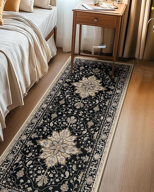 Area Rugs 2'x6' Washable Non-Slip, Floral Vintage Distress Print Pattern Medallion Carpet for Living Room Bedroom Dining Room, Black Brown Neutral Dark Tan