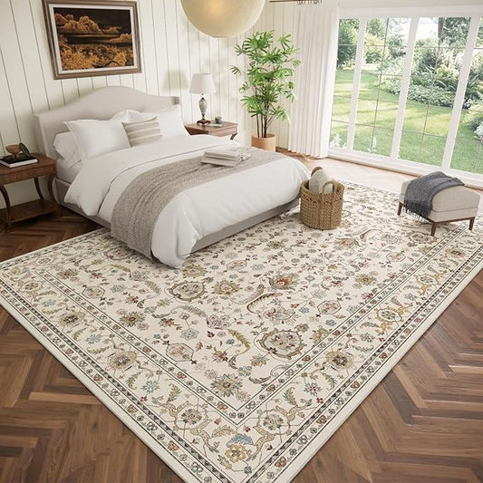 Washable 9x12 Area Rugs for Living Room, Boho Non-Slip Vintage Distress Lager Rugs for Bedroom Dining Room Nursery Office, 0.3" Neutral Oriental Throw Thin Carpet, Beige/Rust/Green/Multi