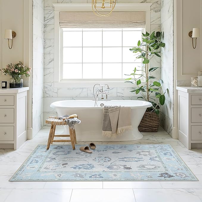 Fame Living Cream Blue Oushak Rug, Modern, Vintage, Turkish, Eclectic, Floral, Pastel, Washable, Oversized, Extra Large Area Rugs for Living Room, Dining, Bedroom, Lounge 9'5"x14'