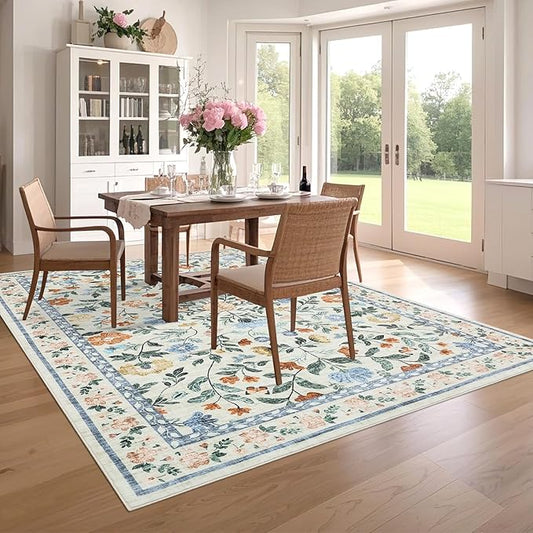 Floral Washable Rug 4x6, Non-Slip Low Pile Botanical Carpet, Vintage Farmhouse Area Rug for Bedroom Nursery Kids Room Home Decor, Green