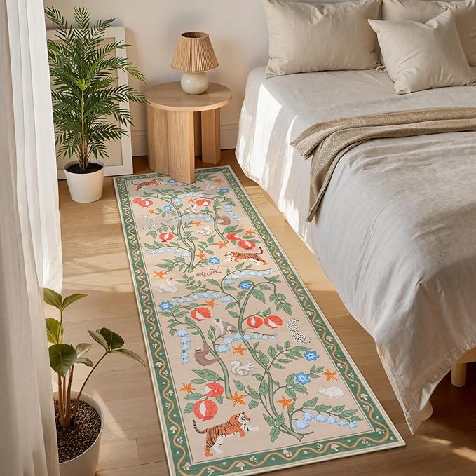 Collive 2x6 Hallway Runners Rug Non Slip, Green Washable Jungle Animal Kitchen Rug Runner for Hallways, Low Pile Entryway Carpet Soft Stain Resistant Bathroom Mats for Laundry Room, Bedside, Bedroom