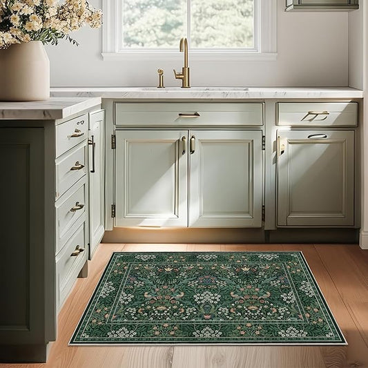 2x3 Floral Washable Area Rugs for Living Room, Vintage Boho Rug for Bedroom Dining Room, Distressed Botanical Birds Non Slip Low Pile Forest Animal Throw Carpet for Farmhouse Office, Bright Green