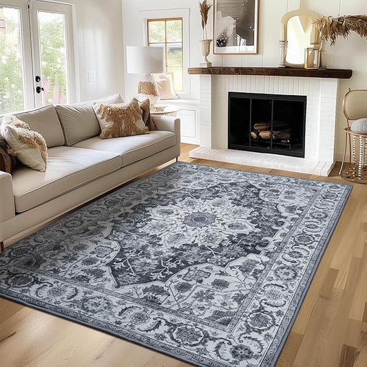 WILLSUN Washable Area Rugs, 4x6 Non-Slip Boho Large Area Rugs for Living Room, Bedroom, Machine Washable Vintage Rug, Indoor Floral Print Carpet for Home Decor, Kid & Pet Friendly Mat