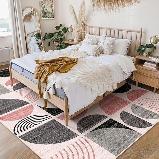 MUJOO Pink Rug Washable,5x7 Area Rugs for Living Room Bedroom,Boho Large Throw Floor Carpet Non Slip Soft Modern Abstract Pink and Grey