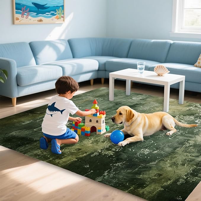 Green Vintage Distressed Carpet for Living Room, 3x5 Non-Slip Washable Low Pile Abstract Design Rug, Space Saving Area Rug for Bedroom, Dining Room