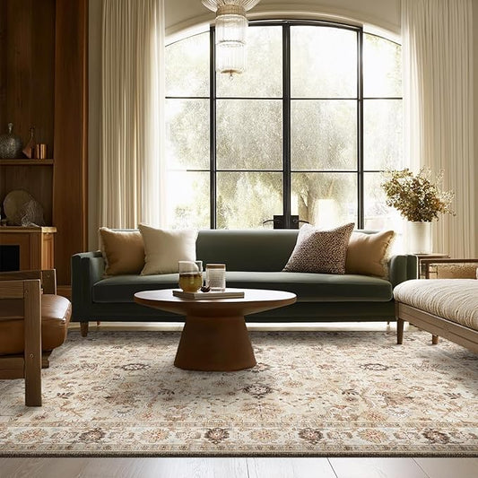6x9 Washable Rug Vintage Fade Resistant Boho Distressed Non-Slip Indoor Large Carpet Low Pile Lightweight & High-Traffic Safe for Bedroom, Dorm, Playroom - Farmhouse Decor