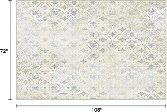 Phantoscope Washable Area Rug 6'x9' Non-Slip, Vintage Modern Boho Rugs for Living Room, Bedroom, Dining Room, Distressed Geometric Floral Pattern, Low-Pile Foldable Floor Carpet, Teal Floral/Beige